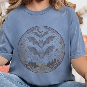 Comfort Colors Night Animals Shirt, Gothic Bat Tattoo Style Tee, Halloween Witchy Moon and Stars, Dark Fantasy Bats Night Sky image 7