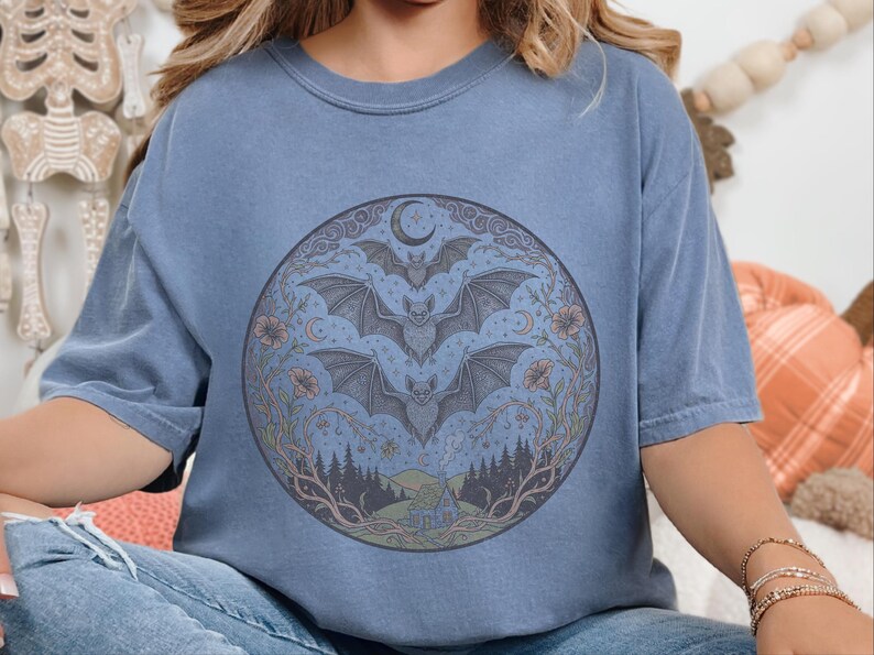 Comfort Colors Night Animals Shirt, Gothic Bat Tattoo Style Tee, Halloween Witchy Moon and Stars, Dark Fantasy Bats Night Sky image 7
