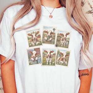 Camiseta vintage con estampado de vaca y sello postal, camiseta adorable de vaca bebé, regalo para amantes de los animales de granja, camiseta de estilo rústico campestre. imagen 8