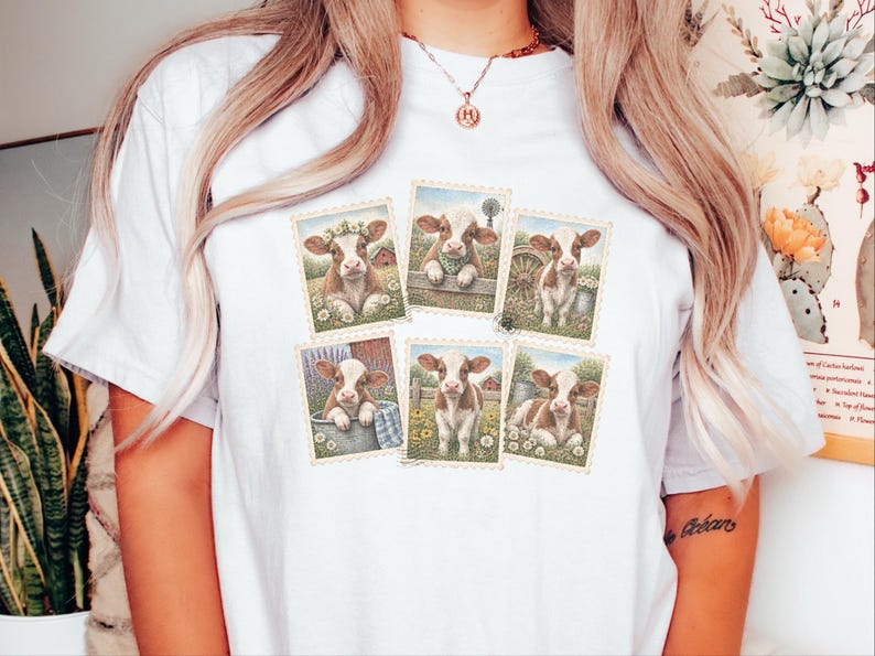 Camiseta vintage con estampado de vaca y sello postal, camiseta adorable de vaca bebé, regalo para amantes de los animales de granja, camiseta de estilo rústico campestre. imagen 8