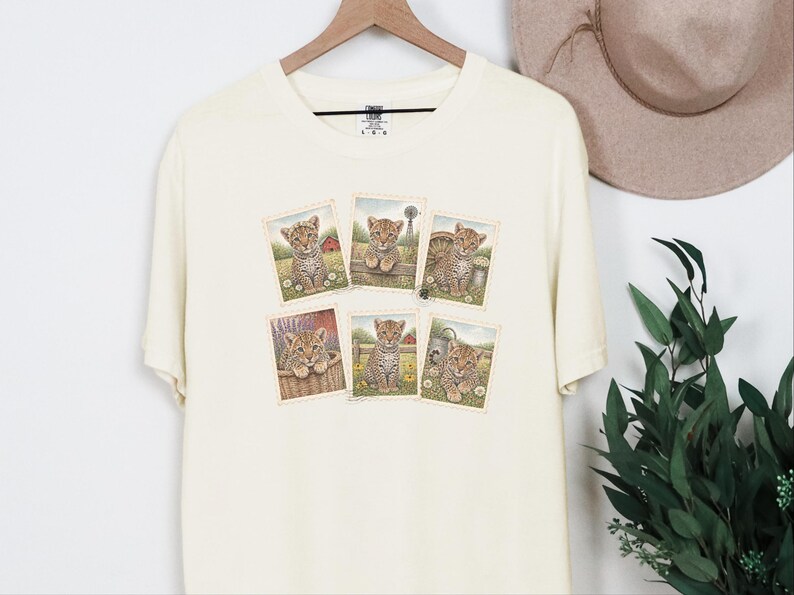 Leopard Lover Gift, Vintage Postage Stamp Leopard Collection, Wild Cat Shirt, Safari Animal Art, Farm Girl Shirt image 2