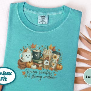 Ghost Coffee Shirt, Fall Coffee Shirt, Halloween Coffee Tee, Cute Ghost Sweater, Warm Sweaters And Stormy Weather, Autumn Sweatshirt image 10