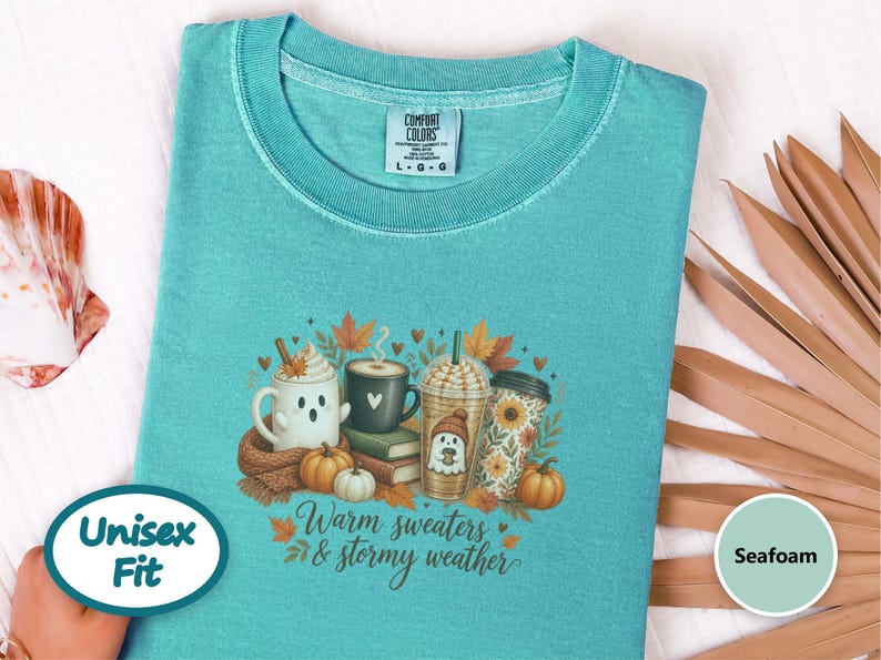 Ghost Coffee Shirt, Fall Coffee Shirt, Halloween Coffee Tee, Cute Ghost Sweater, Warm Sweaters And Stormy Weather, Autumn Sweatshirt image 10
