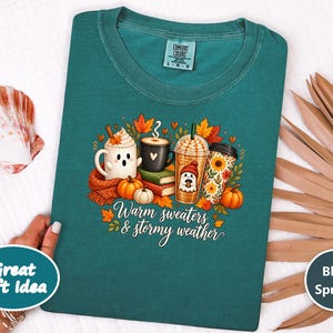 Ghost Coffee Shirt, Fall Coffee Shirt, Halloween Coffee Tee, Cute Ghost Sweater, Warm Sweaters And Stormy Weather, Autumn Sweatshirt image 7