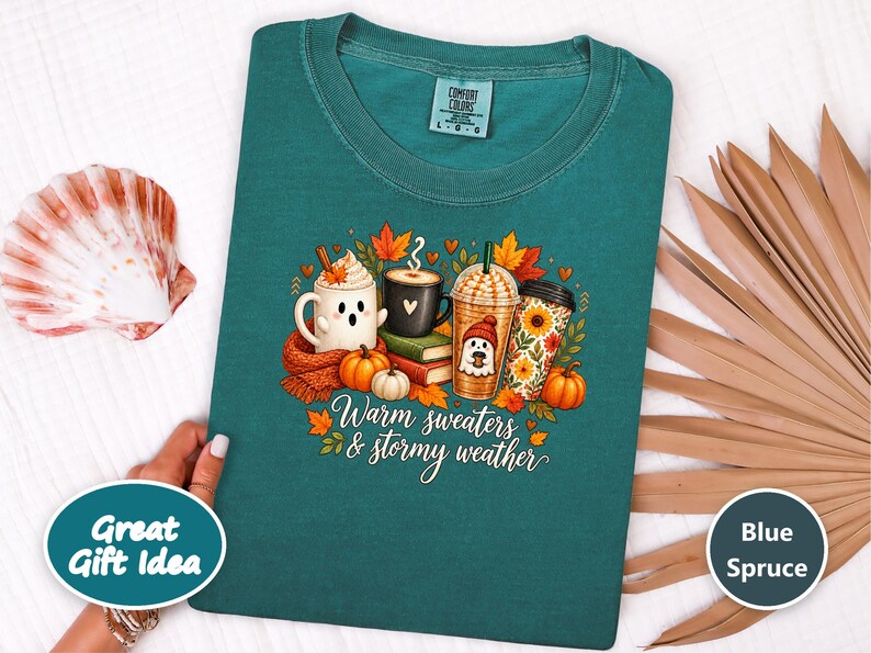 Ghost Coffee Shirt, Fall Coffee Shirt, Halloween Coffee Tee, Cute Ghost Sweater, Warm Sweaters And Stormy Weather, Autumn Sweatshirt image 7