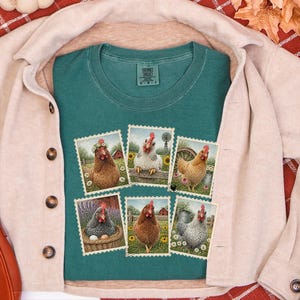 Vintage Chicken Shirt, Postage Stamp Tee, Farm Girl Shirt, Chicken Lover Gift, Retro Farmhouse Shirt, Country Living Shirt image 8