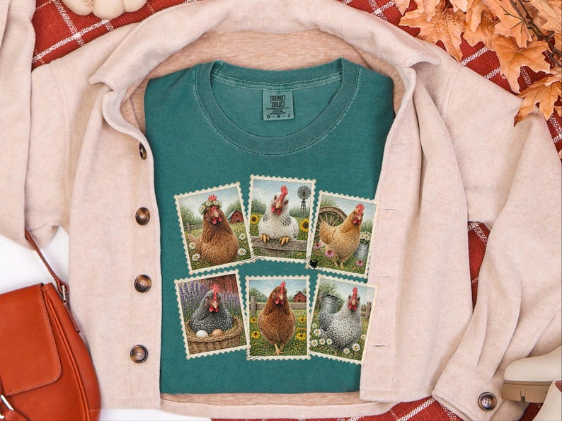 Vintage Chicken Shirt, Postage Stamp Tee, Farm Girl Shirt, Chicken Lover Gift, Retro Farmhouse Shirt, Country Living Shirt image 8