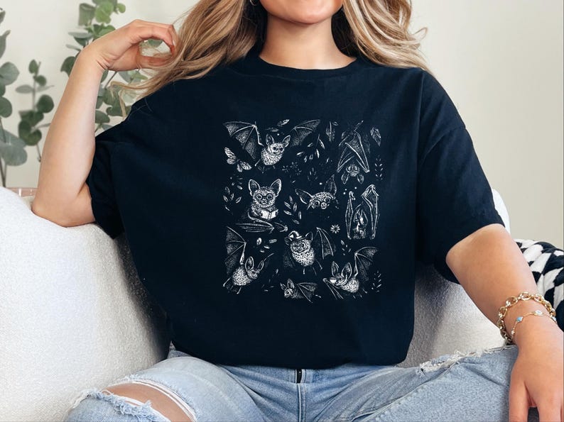 Comfort Colors Cute Animal Cartoon Bat Shirt, Whimsical Gothic Tee, Dark Academia Literary Gift, Funny Halloween Reader Tee, Gothic T-shirt image 3