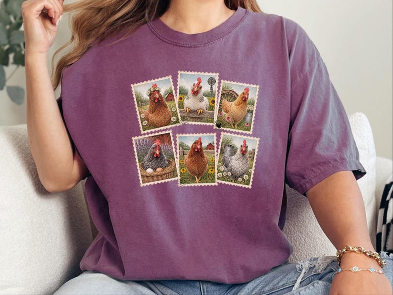 Vintage Chicken Shirt, Postage Stamp Tee, Farm Girl Shirt, Chicken Lover Gift, Retro Farmhouse Shirt, Country Living Shirt image 9