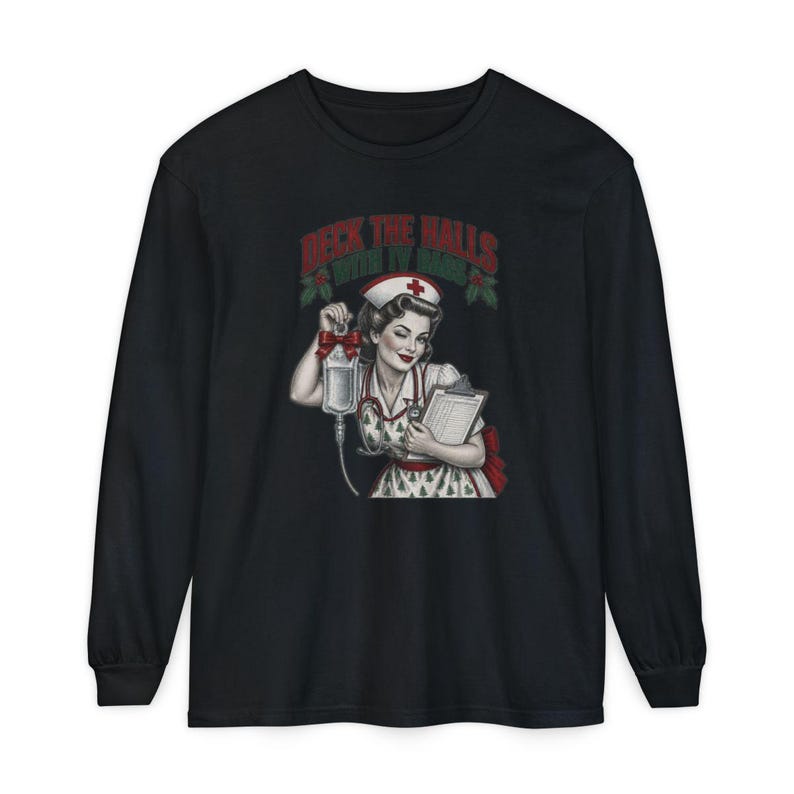 Christmas Nurse Shirt, Funny Healthcare Gift, Retro Nurse Christmas Top, Deck The Halls With IV Bags, ICU Nurse Holiday Sweatshirt image 13