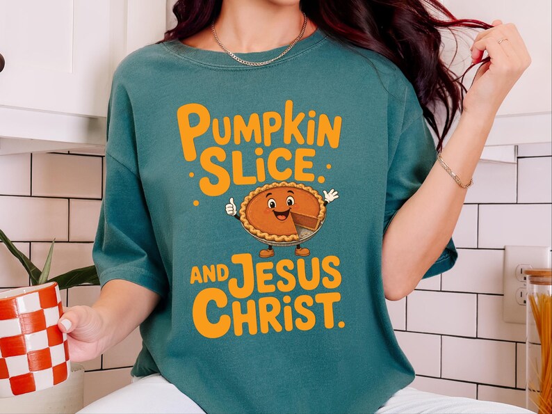 Comfort Colors Fall Christian Shirt, Pumpkin Slice And Jesus Christ Tee, Thanksgiving Faith Sunday Outfit, Inspirational Autumn image 12