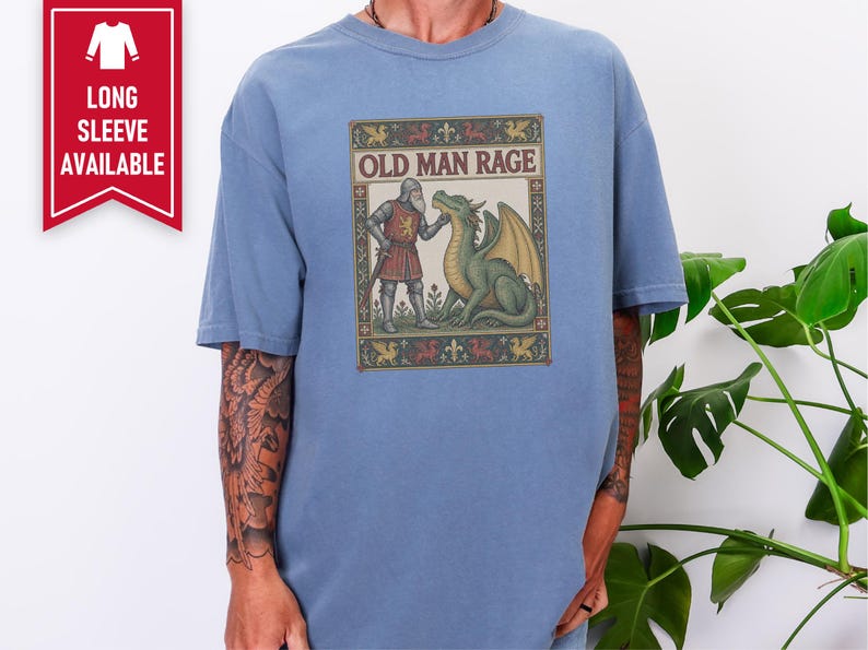 Medieval Dragon Shirt, Funny Old Man Gift, Fantasy Reader Tee, Knight Costume, Medieval Manuscript Graphic Tee image 9