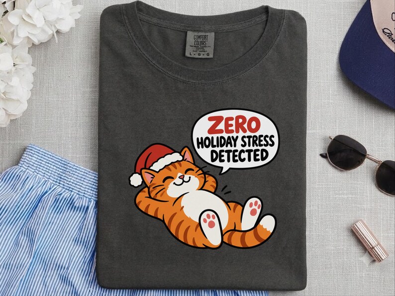 Funny Christmas Cat Shirt, Orange Tabby Cat Gift, Zero Holiday Stress Detected, Cozy Holiday Shirt, Funny Cat Lover Tee, Cat Mom Sweatshirt image 4