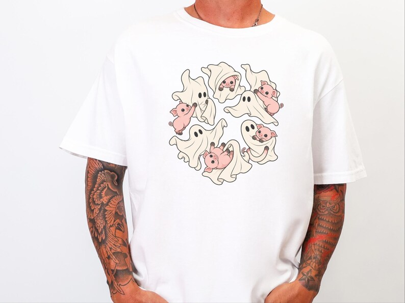 Camiseta de fantasma, regalo para amantes de los cerdos, camiseta de fantasma de Halloween, camiseta de temporada espeluznante, camiseta con estampado de cerdo, camiseta de animales de granja imagen 4