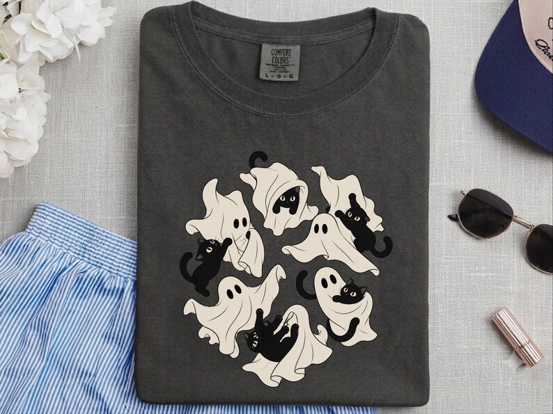 Ghost Cat Shirt, Black Cat Halloween Gift, Spooky Season T Shirt, Funny Cat Lover Tee, Fall Costume Shirt image 3