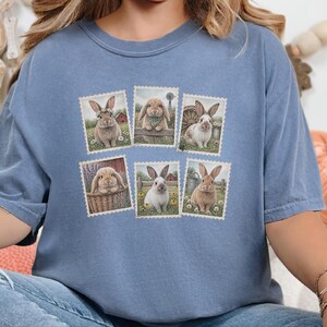 Vintage Bunny Shirt, Cottagecore Rabbit Tee, Postage Stamp Art Gift, Farmhouse Animal Lover Top, Retro Spring Nature Apparel image 8
