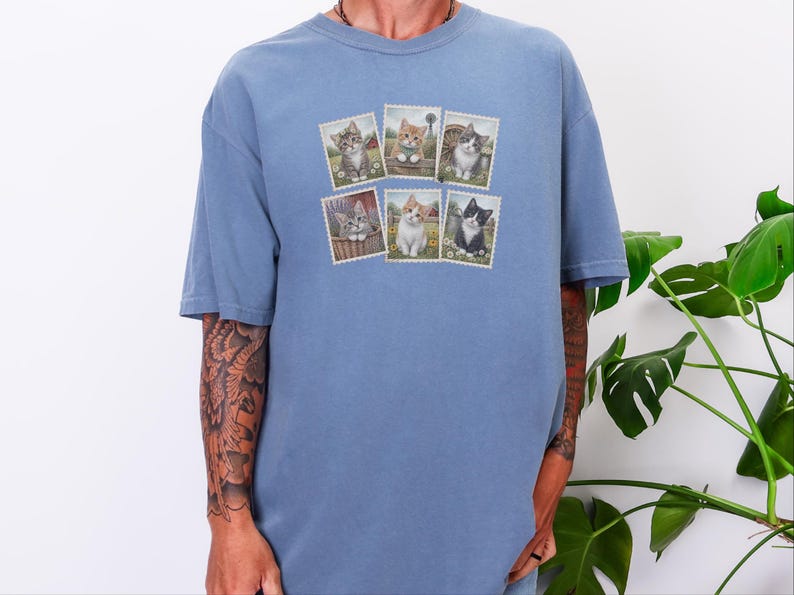 Camiseta vintage de gato, camiseta con sello postal, regalo para amantes de los gatitos de granja, camiseta para amantes de los animales, regalo retro para amantes de los gatos de campo imagen 10
