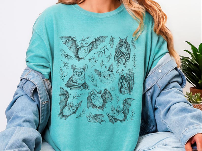 Comfort Colors Cute Animal Cartoon Bat Shirt, Whimsical Gothic Tee, Dark Academia Literary Gift, Funny Halloween Reader Tee, Gothic T-shirt image 2