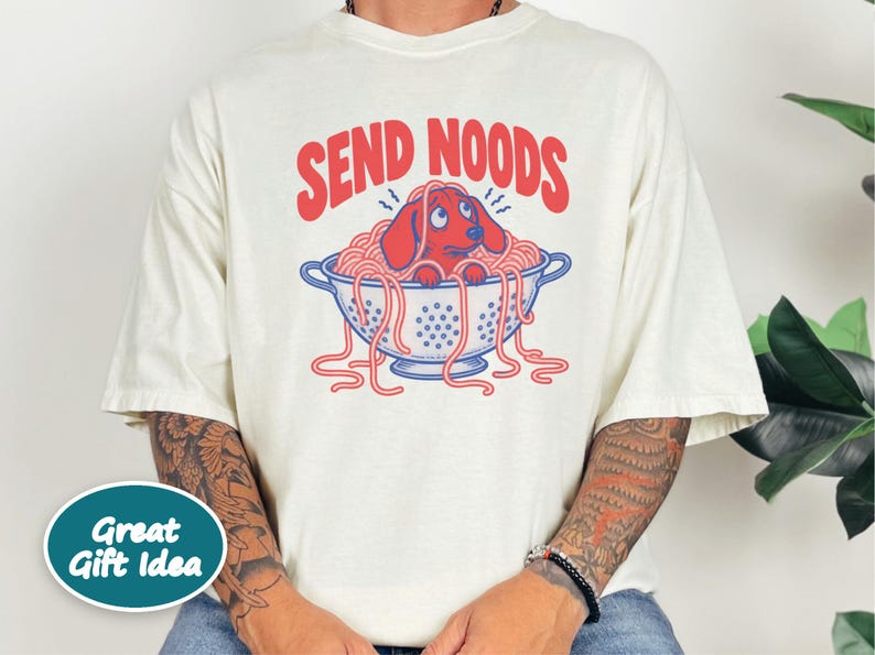 Funny Dachshund Shirt, Italian Foodie Gift, Send Noods Spaghetti Tee, Wiener Dog Lover Shirt, Pasta Art Print, Doxie Mom Shirt image 5
