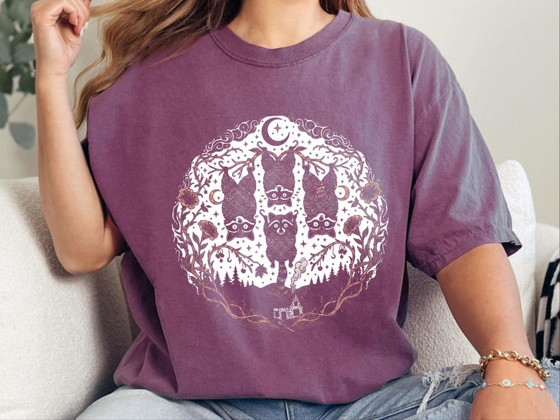 Comfort Colors Funny Raccoon Shirt, Raccoon Tree Branches Moon Graphic Tee, Trash Panda Dark Humor Design, Woodland Forest Celestial Night image 6