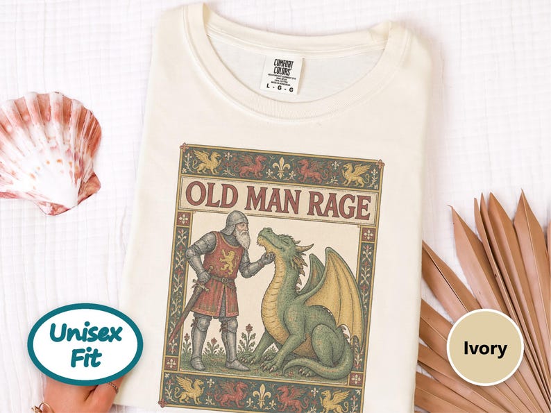 Medieval Dragon Shirt, Funny Old Man Gift, Fantasy Reader Tee, Knight Costume, Medieval Manuscript Graphic Tee image 10