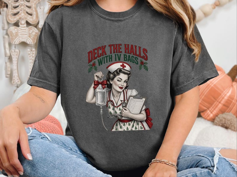 Christmas Nurse Shirt, Funny Healthcare Gift, Retro Nurse Christmas Top, Deck The Halls With IV Bags, ICU Nurse Holiday Sweatshirt image 1