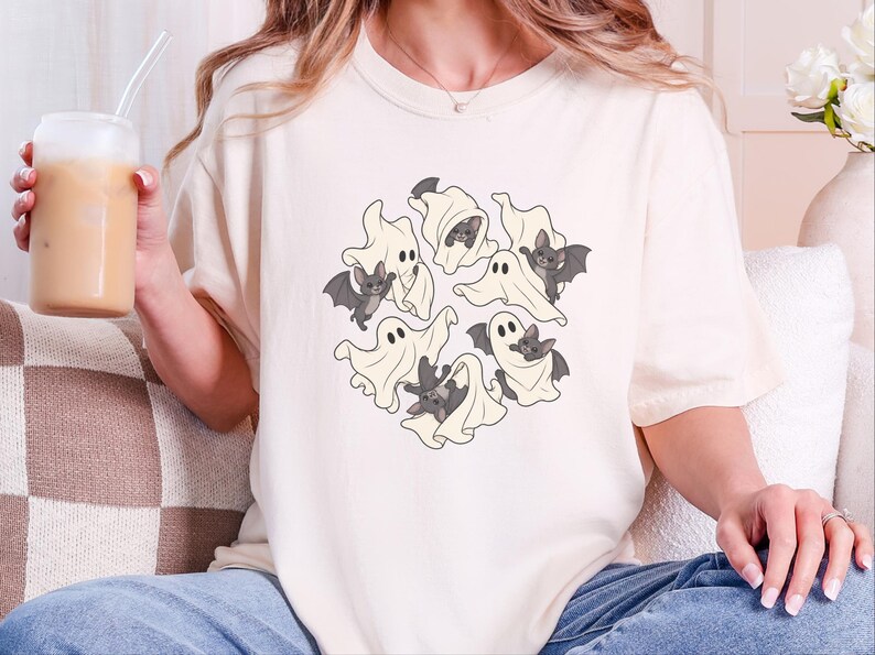 Ghost Shirt, Halloween T-Shirt, Spooky Season Tee, Cute Ghost Playing With Bat image 10