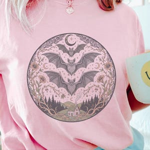 Comfort Colors Night Animals Shirt, Gothic Bat Tattoo Style Tee, Halloween Witchy Moon and Stars, Dark Fantasy Bats Night Sky image 6