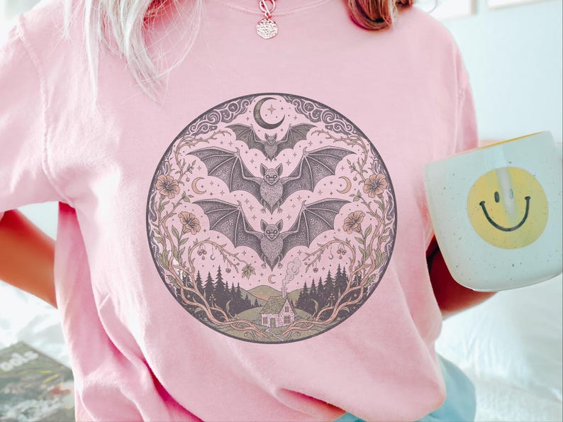 Comfort Colors Night Animals Shirt, Gothic Bat Tattoo Style Tee, Halloween Witchy Moon and Stars, Dark Fantasy Bats Night Sky image 6