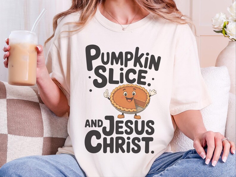 Comfort Colors Fall Christian Shirt, Pumpkin Slice And Jesus Christ Tee, Thanksgiving Faith Sunday Outfit, Inspirational Autumn image 14