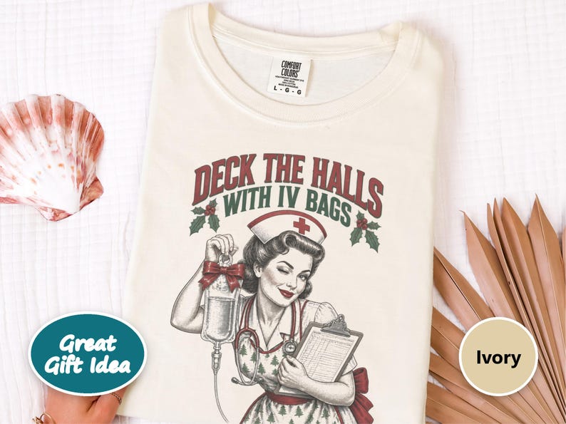 Christmas Nurse Shirt, Funny Healthcare Gift, Retro Nurse Christmas Top, Deck The Halls With IV Bags, ICU Nurse Holiday Sweatshirt image 10