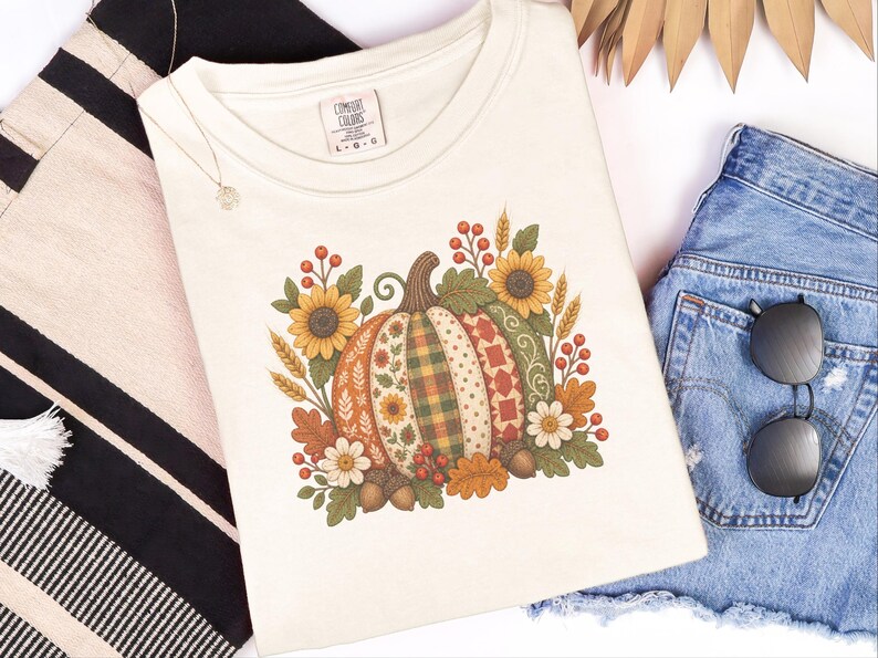 Floral Pumpkin Shirt, Vintage Patchwork Fall Tee, Cottagecore Thanksgiving Outfit, Quilted Pumpkin Autumn Garden Gift image 4