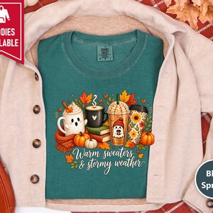 Ghost Coffee Shirt, Fall Coffee Shirt, Halloween Coffee Tee, Cute Ghost Sweater, Warm Sweaters And Stormy Weather, Autumn Sweatshirt image 5