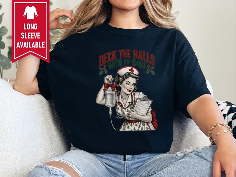 Christmas Nurse Shirt, Funny Healthcare Gift, Retro Nurse Christmas Top, Deck The Halls With IV Bags, ICU Nurse Holiday Sweatshirt image 8