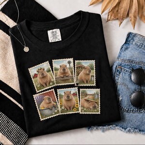 Capybara Shirt, Vintage Postage Stamps Tee, Cute Animal Lover Gift, Farm Animal T Shirt, Retro Nature Graphic Tee image 4