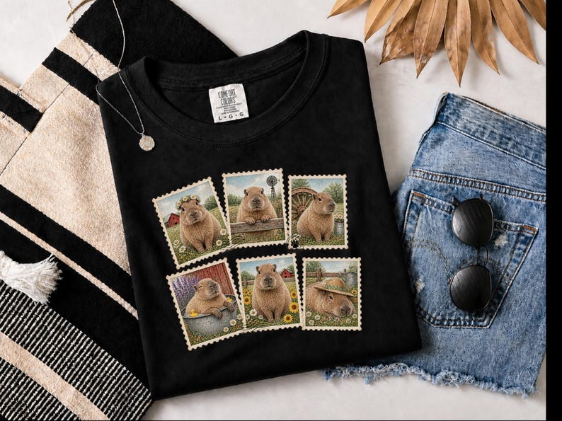 Capybara Shirt, Vintage Postage Stamps Tee, Cute Animal Lover Gift, Farm Animal T Shirt, Retro Nature Graphic Tee image 4