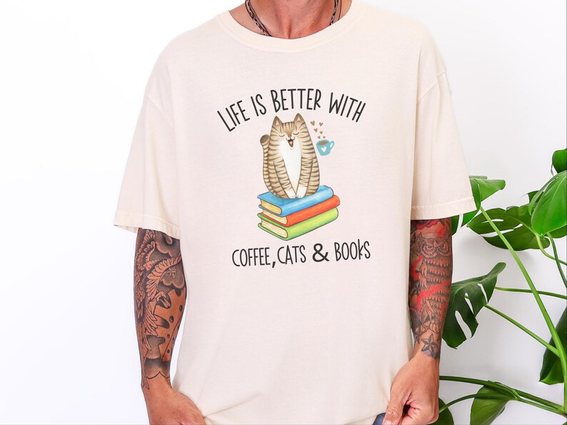 Comfort Colors Reading Cat Tee, Life Is Better With Coffee, Cats and Books Shirt, Literature Teacher Bookworm Top, Whimsical Cat Tee image 4