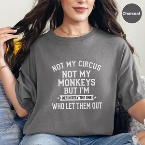 "Não é meu circo, não são meus macacos, mas definitivamente fui eu quem os soltou" - Camiseta feminina sarcástica, ideia de presente engraçada, presente divertido e original imagem 5