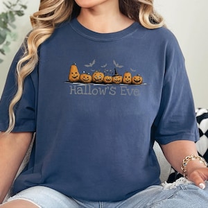 Comfort Colors Halloween Hallow and #39;s Eve Pumpkin Parade Shirt, Funny Spooky Season Tee, Whimsical Witch Hat and Bats, Pumpkin Witch image 10