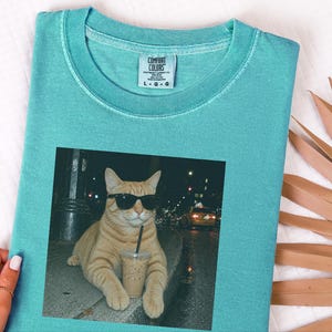 Coffee Cat Shirt, Funny Cat Meme Tee, Orange Cat Mom Gift, Cat Sunglasses Shirt, Ginger Tabby Tee image 3