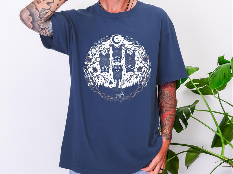 Comfort Colors Funny Raccoon Shirt, Raccoon Tree Branches Moon Graphic Tee, Trash Panda Dark Humor Design, Woodland Forest Celestial Night image 4