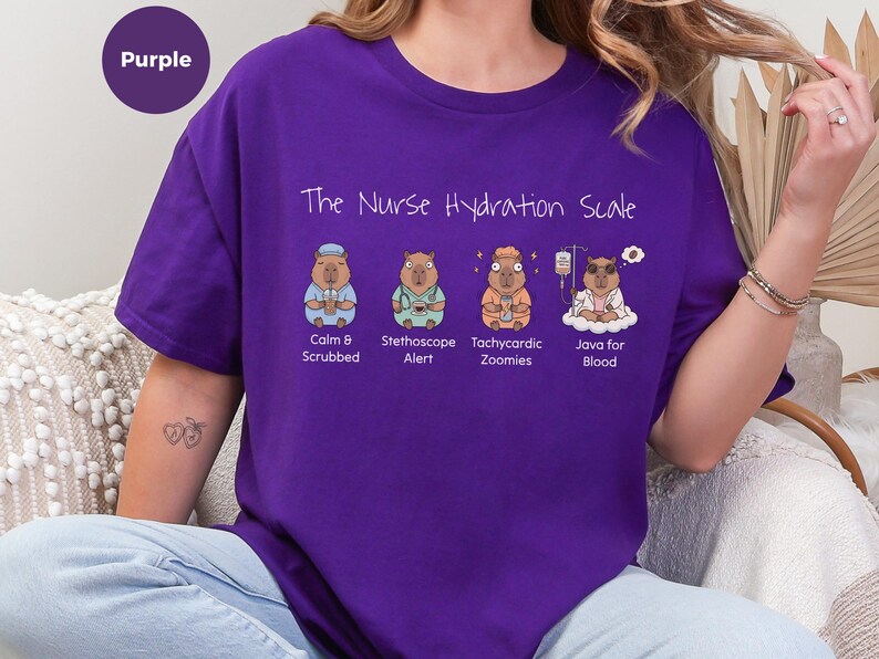 Camiseta con meme de enfermera, Escala de hidratación de enfermera, Camiseta divertida y sarcástica para enfermeras registradas, Regalo para amantes del café con colores cómodos y problemas de turno de día con la cafeína imagen 6