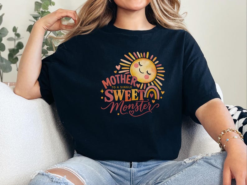 Mother To A Single Sweet Monster Shirt, Retro Sun Mom Gift, Funny Boy Mom Tee, Mother Day Gift, Cute Mama Shirt image 1