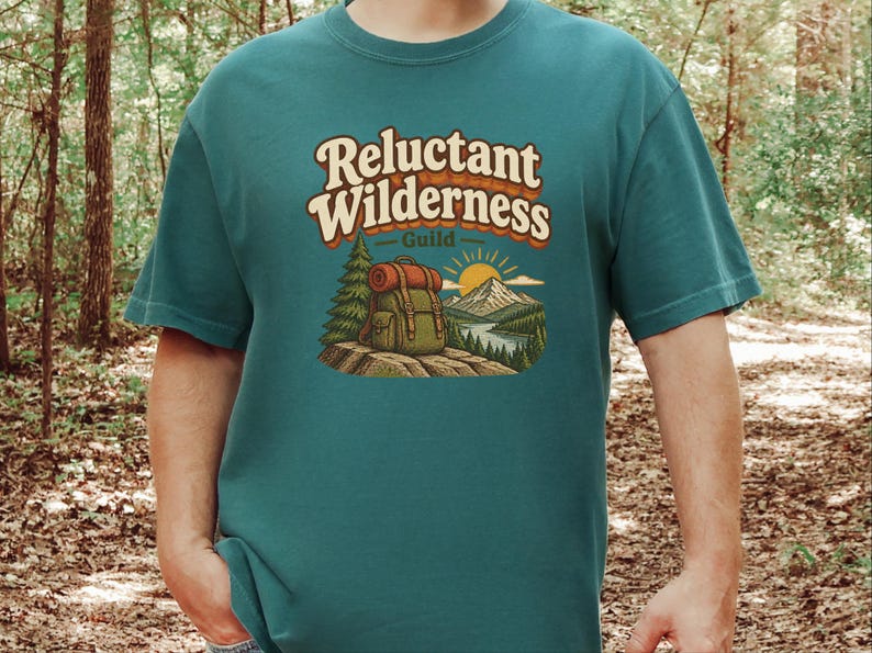 Funny Hiking Shirt, Camping Lover Gift, Reluctant Wilderness Guild Tee, Outdoorsy Nature Shirt, Retro Hiker Apparel, Funny Hiking Quote Gift image 7