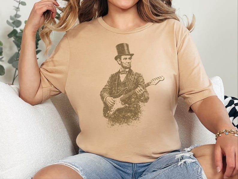 Funny History Shirt, Abe Lincoln Rockin' Guitar Vintage Tee, History Teacher Gift, Musician Rock and Roll Present, Classic Rock Art image 1