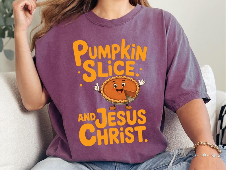 Comfort Colors Fall Christian Shirt, Pumpkin Slice And Jesus Christ Tee, Thanksgiving Faith Sunday Outfit, Inspirational Autumn image 3
