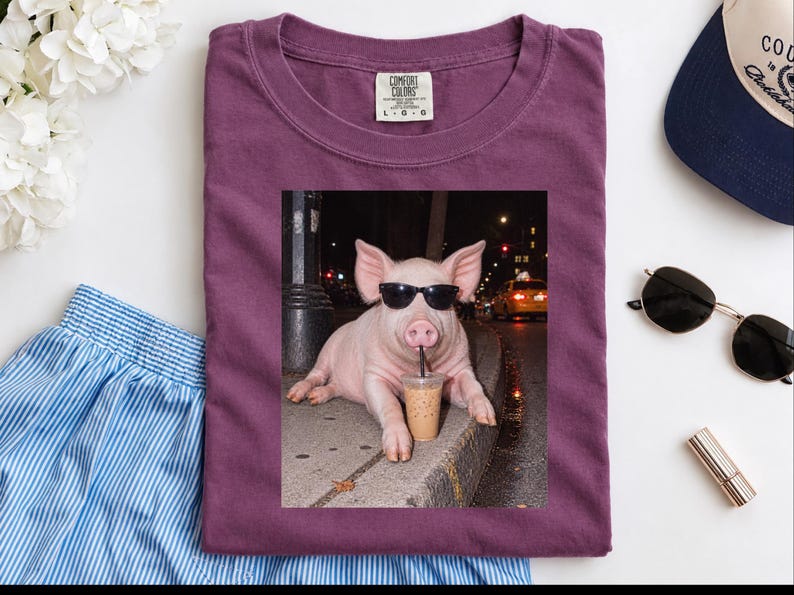 Pig Drinking Iced Coffee Shirt, Pig Lover Gift, Funny Animal Meme Tee, Coffee Lover Shirt, Pig Farmer Gift image 7