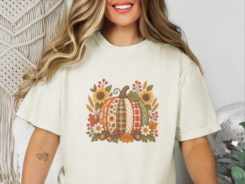 Floral Pumpkin Shirt, Vintage Patchwork Fall Tee, Cottagecore Thanksgiving Outfit, Quilted Pumpkin Autumn Garden Gift image 3