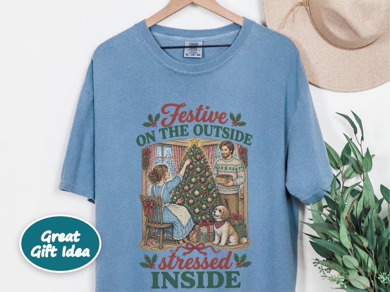 Festive On The Outside Stressed Inside Shirt, Funny Christmas Sweater, Sarcastic Holiday Gift, Retro Xmas Tee, Dog Lover Sweatshirt image 5