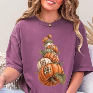 Camiseta de calabaza de otoño, camiseta bohemia de calabaza, regalo de temporada de cosecha, camiseta otoñal estilo cottagecore, top de Acción de Gracias, sudadera de calabaza patchwork imagen 2